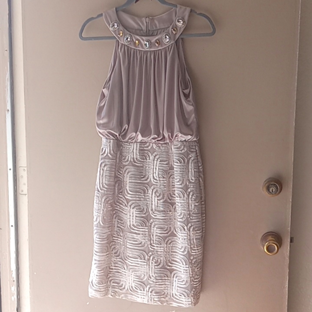 BEAUTIFUL JESSICA HOWARD EVENING SIZE 6 BETWEEN TAN AND SILVER WITH GOLD LINNIN